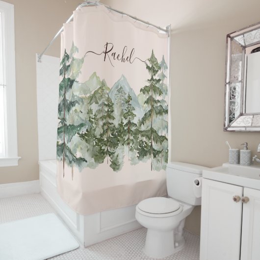 Monogram Rustieke Waterverf Bos en berg Douchegordijn (In situ)