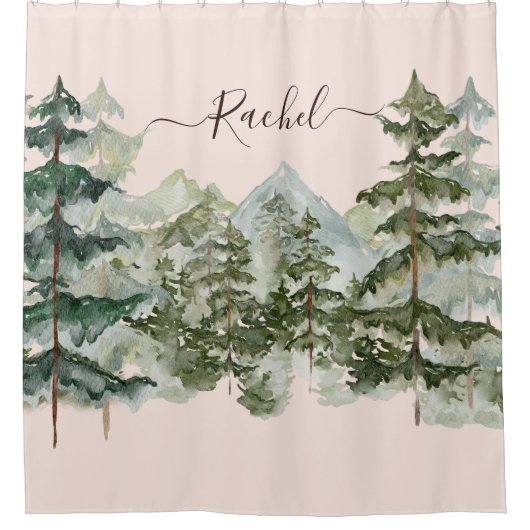 Monogram Rustieke Waterverf Bos en berg Douchegordijn (Voorkant)