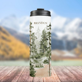 Monogram Rustieke Waterverf Groen Bos Thermosbeker