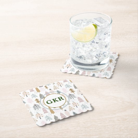 Monogram, rustieke winter geïllustreerde bomen kartonnen onderzetters (Insitu)