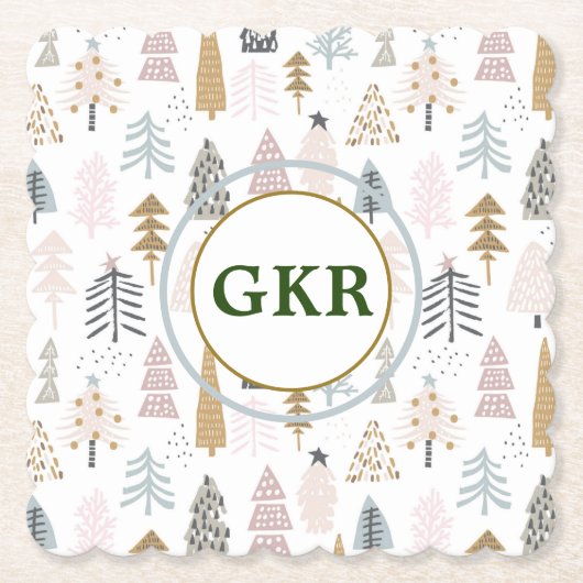 Monogram, rustieke winter geïllustreerde bomen kartonnen onderzetters (Voorkant)