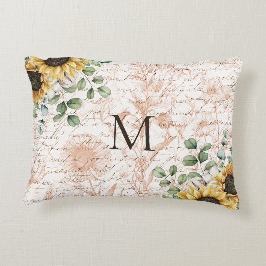 Monogram  rustieke zonnebloem decoupage accent kussen (Achterkant)