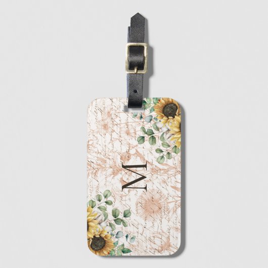 Monogram rustieke zonnebloem decoupage bagagelabel (Voorkant (verticaal))