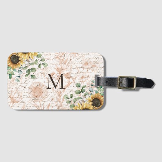 Monogram rustieke zonnebloem decoupage bagagelabel (Voorkant (horizontaal))