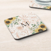 Monogram rustieke zonnebloem decoupage bier onderzetter (Linkerzijde)