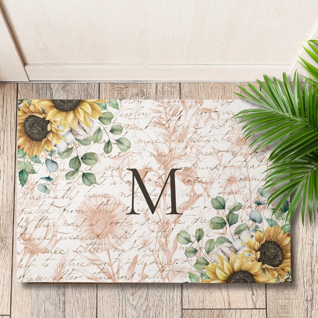 Monogram  rustieke zonnebloem decoupage deurmat (In situ on wood floor)