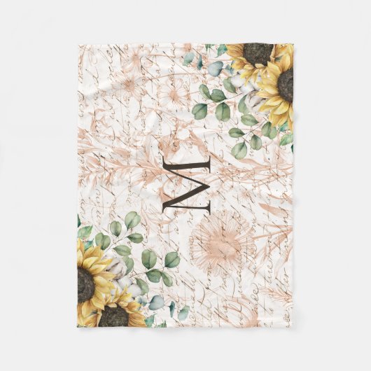 Monogram  rustieke zonnebloem decoupage fleece deken (Voorkant)