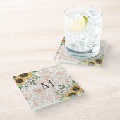 Monogram  rustieke zonnebloem decoupage glazen onderzetter (Schuin)