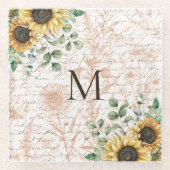 Monogram  rustieke zonnebloem decoupage glazen onderzetter (Voorkant)