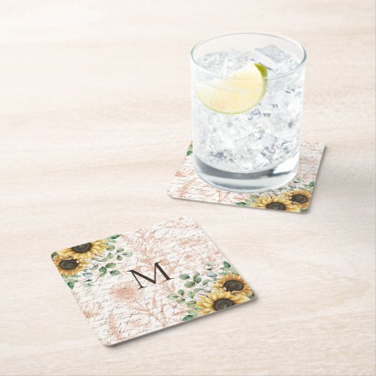 Monogram  rustieke zonnebloem decoupage kartonnen onderzetters (Insitu)