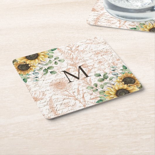 Monogram rustieke zonnebloem decoupage kartonnen onderzetters (Schuin)