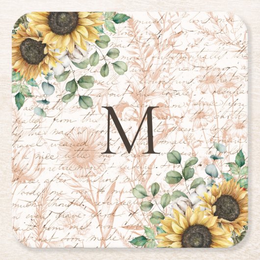 Monogram rustieke zonnebloem decoupage kartonnen onderzetters (Voorkant)