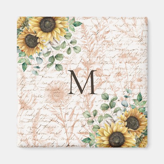 Monogram rustieke zonnebloem decoupage magneet (Voorkant)