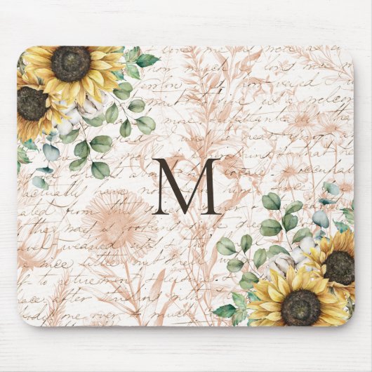 Monogram  rustieke zonnebloem decoupage muismat (Voorkant)