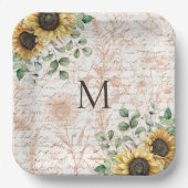 Monogram  rustieke zonnebloem decoupage papieren bordje (Voorkant)