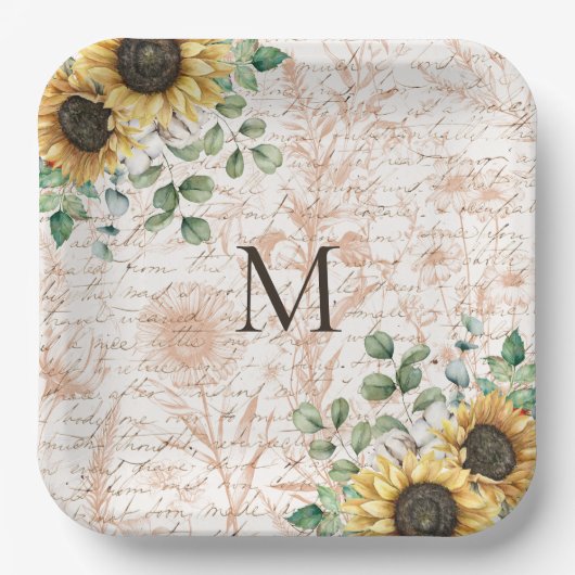 Monogram rustieke zonnebloem decoupage papieren bordje (Voorkant)