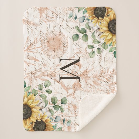 Monogram  rustieke zonnebloem decoupage sherpa deken (Voorkant)