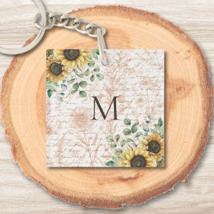 Monogram  rustieke zonnebloem decoupage sleutelhanger