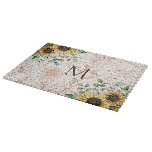 Monogram rustieke zonnebloem decoupage snijplank (Hoek)