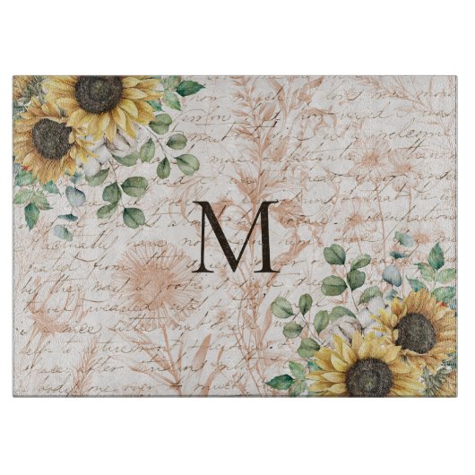 Monogram rustieke zonnebloem decoupage snijplank (Voorkant)