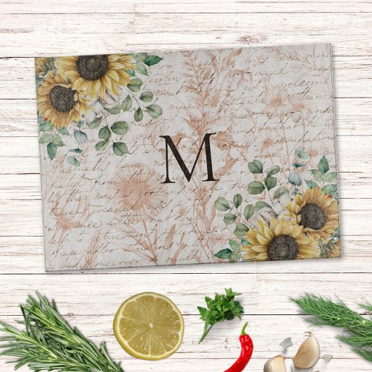 Monogram rustieke zonnebloem decoupage snijplank