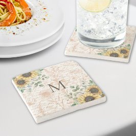 Monogram  rustieke zonnebloem decoupage stenen onderzetter