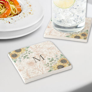 Monogram rustieke zonnebloem decoupage stenen onderzetter