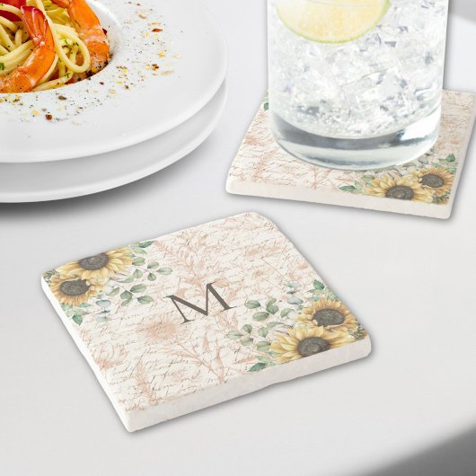 Monogram  rustieke zonnebloem decoupage stenen onderzetter