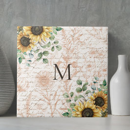 Monogram  rustieke zonnebloem decoupage tegeltje