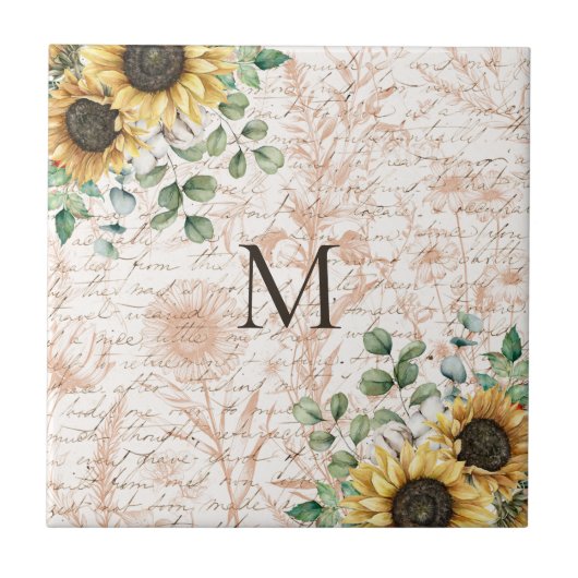 Monogram  rustieke zonnebloem decoupage tegeltje (Voorkant)