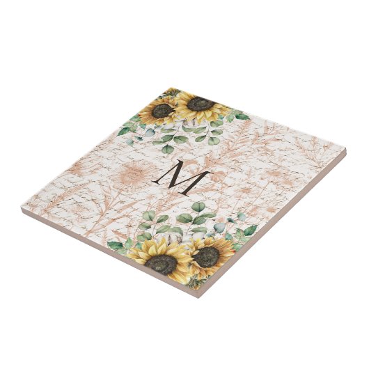 Monogram rustieke zonnebloem decoupage tegeltje (Zijkant)