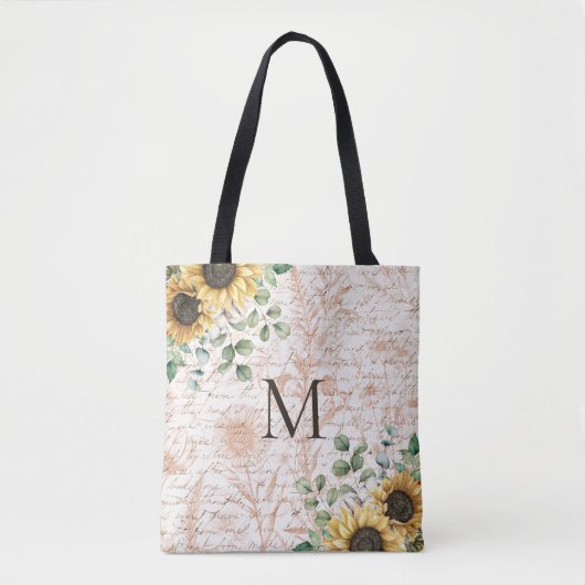 Monogram  rustieke zonnebloem decoupage tote bag (Voorkant)