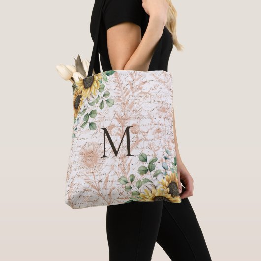 Monogram  rustieke zonnebloem decoupage tote bag (Dichtbij)