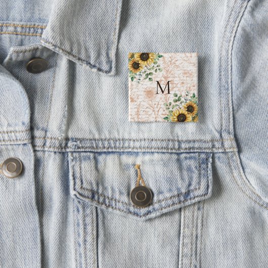Monogram rustieke zonnebloem decoupage vierkante button 5,1 cm (In situ)