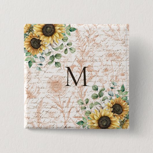 Monogram  rustieke zonnebloem decoupage vierkante button 5,1 cm (Voorkant)