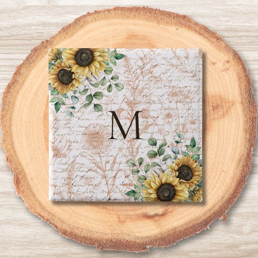 Monogram  rustieke zonnebloem decoupage vierkante button 5,1 cm
