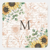 Monogram  rustieke zonnebloem decoupage vierkante sticker (Voorkant)