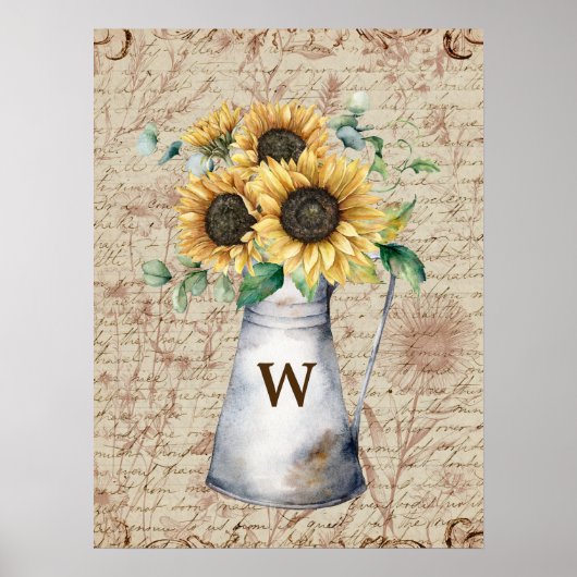Monogram Rustieke Zonnebloem  Letter Decoupage Poster (Voorkant)