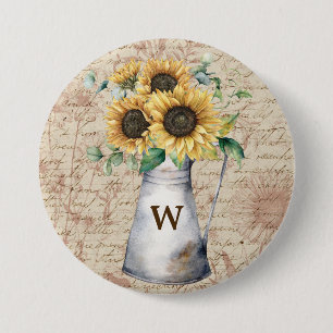 Monogram Rustieke Zonnebloem Letter Decoupage Ronde Button 7,6 Cm