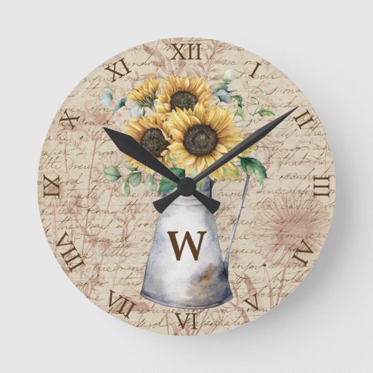 Monogram Rustieke Zonnebloem Letter Decoupage Ronde Klok (Voorkant)