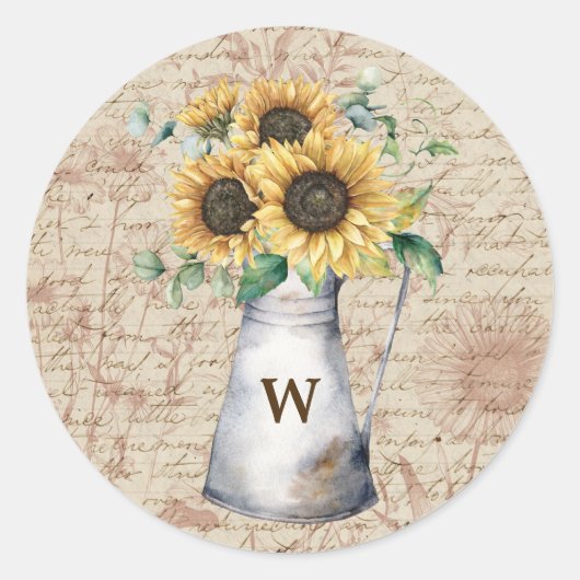 Monogram Rustieke Zonnebloem  Letter Decoupage Ronde Sticker (Voorkant)