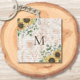 Monogram  rustieke zonnebloem sleutelhanger