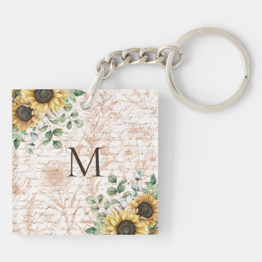 Monogram rustieke zonnebloem sleutelhanger (Achterkant)