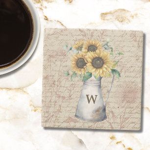 Monogram Rustieke Zonnebloem Vintage Letter Decoup Stenen Onderzetter