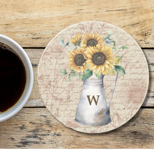 Monogram Rustieke Zonnebloem Vintage Letter Decoup Zandsteen Onderzetter