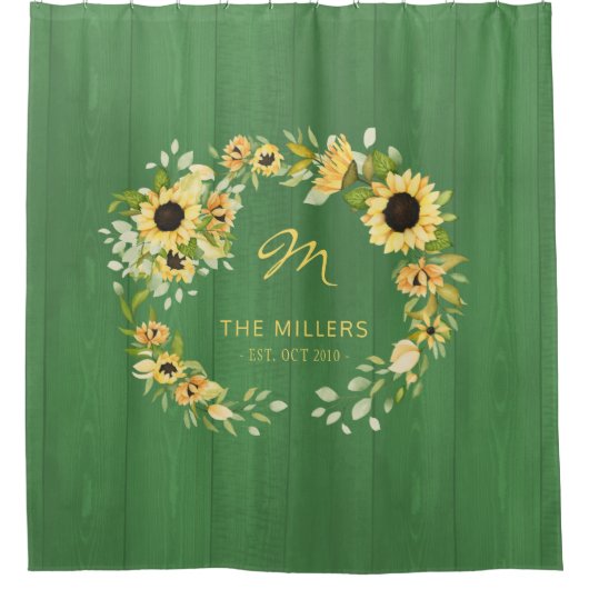 Monogram rustige boerderijzonnebloemen met groengr douchegordijn (Voorkant)