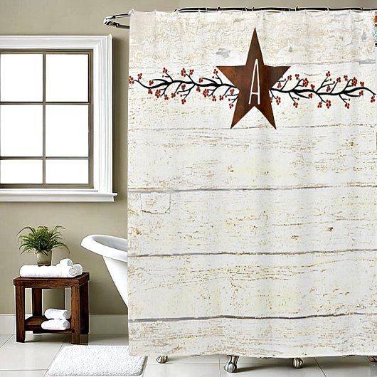 Monogram "Rusty star" en "Berries" Douchegordijn