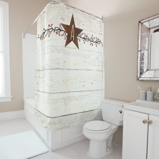 Monogram "Rusty star" en "Berries" Douchegordijn (In situ)