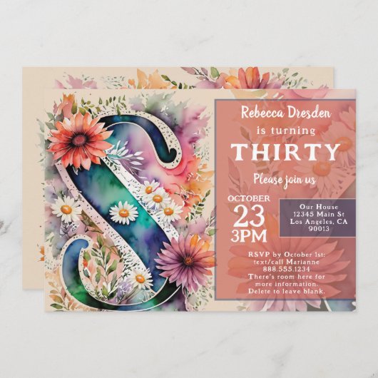 Monogram S Colorful Watercolor Flowers Birthday Kaart (Voorkant / Achterkant)