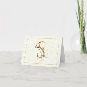 Monogram S Floral Note Card Gold Kaart